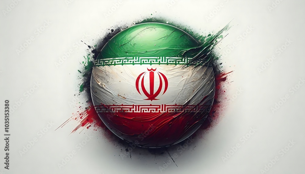 A green, white and red flag with the word Iran on it. The flag is covered in paint and he is a collage of different colors, isolated on white background A green, white and red flag with the word Iran on it. The flag is covered in paint and he is a collage of different colors, isolated on white background
