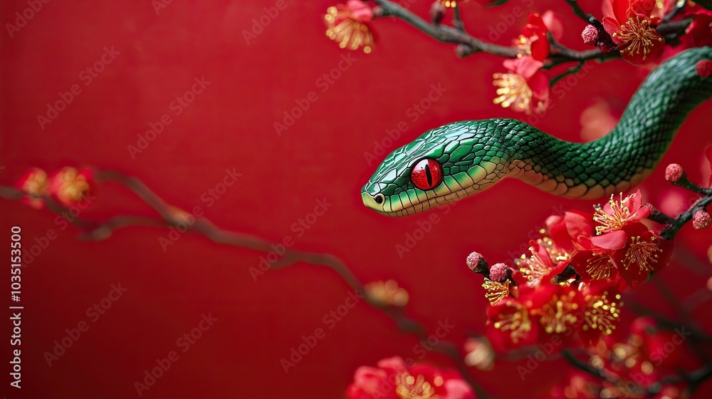 Fototapeta premium Green snake on red background in Chinese style. Symbol of the new year 2025. Wallpaper, banner, background