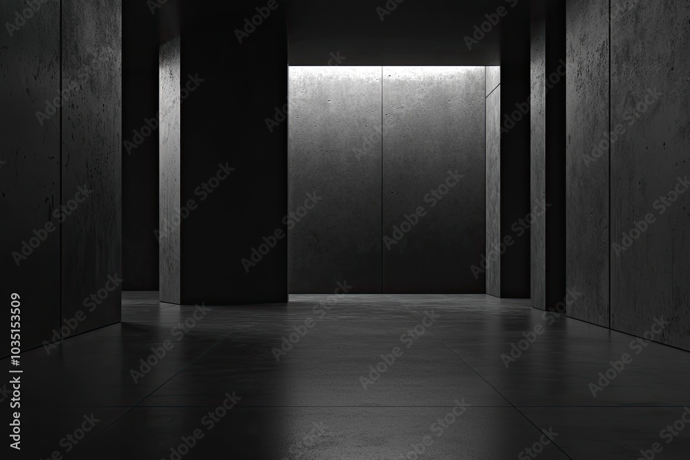 Abstract empty dark room with concrete wall and floor. Black interior background for presentation, mockup, or design Abstract empty dark room with concrete wall and floor. Black interior background for presentation, mockup, or design