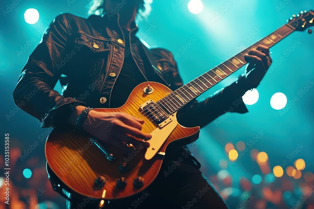 Obraz premium Guitarist performing on stage at a rock concert, bright stage lights illuminating the crowd, ultrarealistic detail of instruments, audience, and live music energy