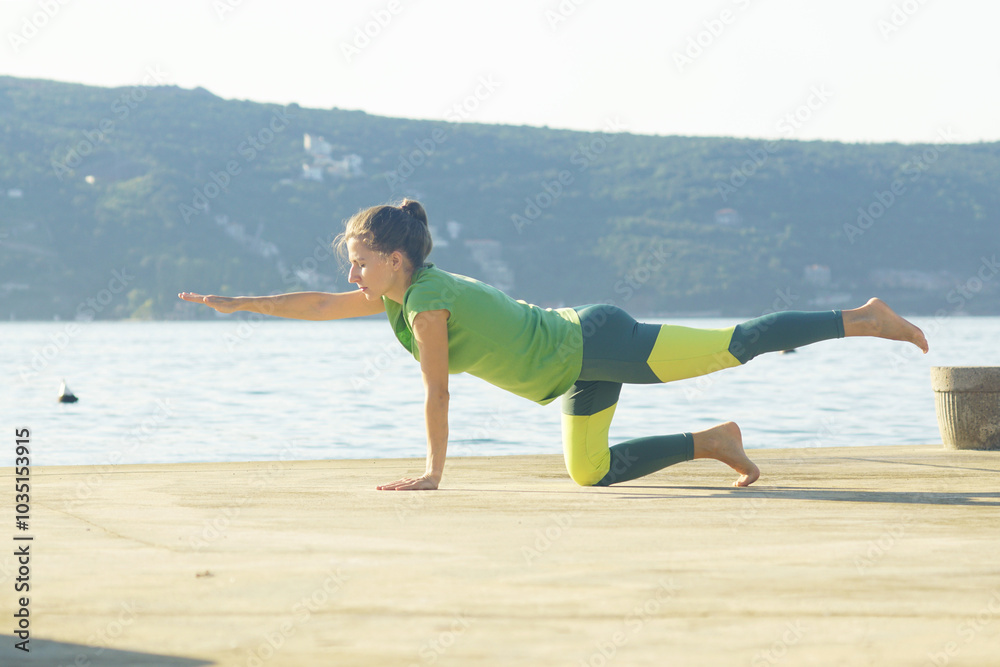 Solo morning workout at the seaside: a young woman performs the yoga pose Parsva Balasana, also known as Bird Dog Pose. Healthy habits: a person does a back-friendly exercise outdoors. Solo morning workout at the seaside: a young woman performs the yoga pose Parsva Balasana, also known as Bird Dog Pose. Healthy habits: a person does a back-friendly exercise outdoors.