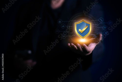 Cybersecurity concept, Cybersecurity and privacy concepts to protect data. Businessman use smartphone with cyber security technology for protecting personal data and secure internet access