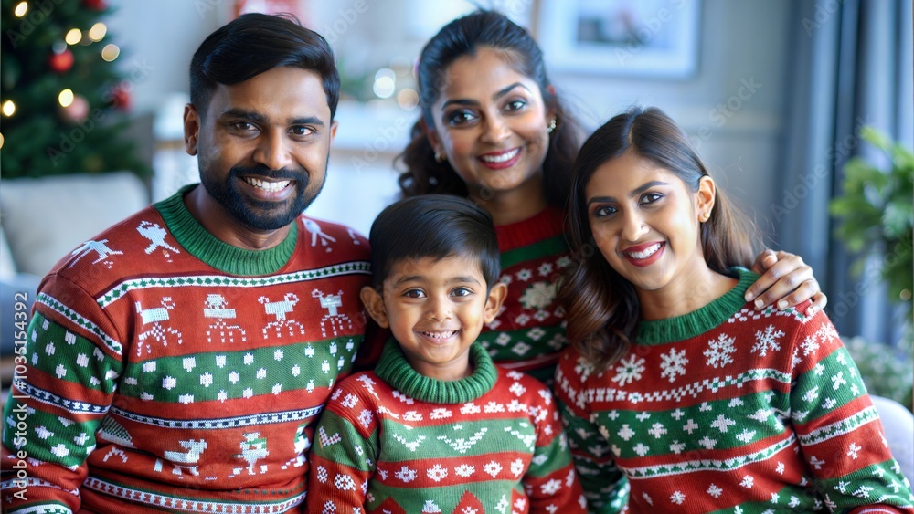 © N7 - An Indian family wearing matching Christmas-themed casual sweaters, posing together. © N7 - An Indian family wearing matching Christmas-themed casual sweaters, posing together.