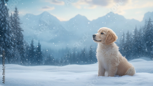 Golden Retriever Puppy in Snowy Mountain Landscape