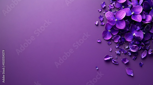 Purple silk fabric with scattered amethyst stones creating a luxurious aesthetic. photo