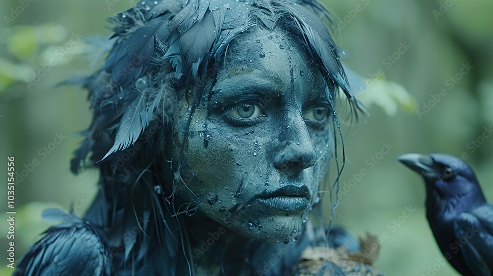 Mysterious Woman with Crow in Forest: A Dark Fantasy Portrait Mysterious Woman with Crow in Forest: A Dark Fantasy Portrait
