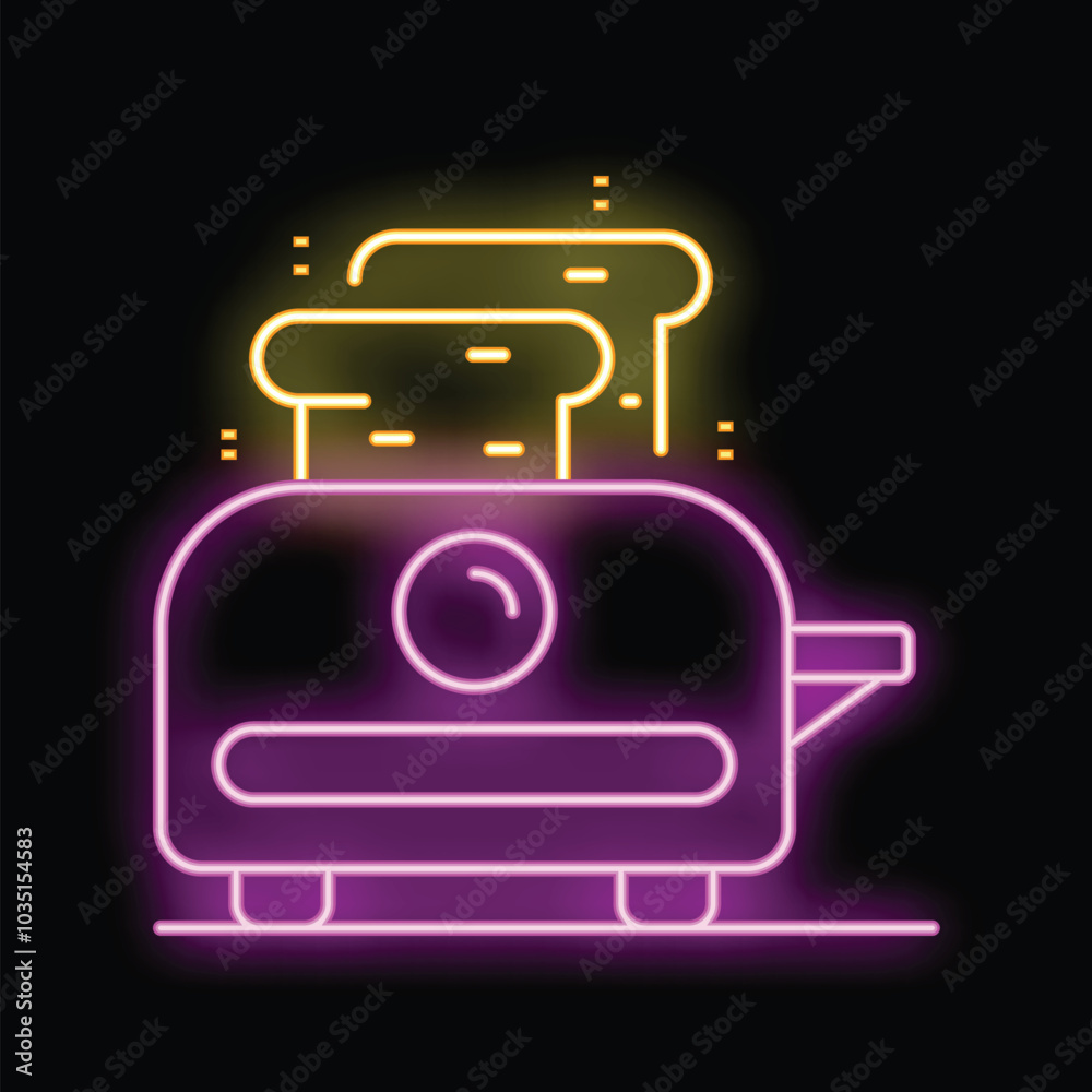 Vibrant neon toaster icon with bread slices popping up, set against a black background Vibrant neon toaster icon with bread slices popping up, set against a black background