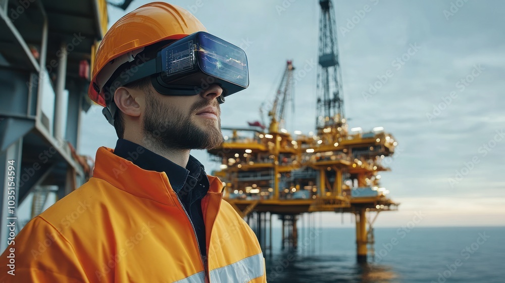 Construction Worker Wearing VR Headset on Oil Rig Platform Construction Worker Wearing VR Headset on Oil Rig Platform