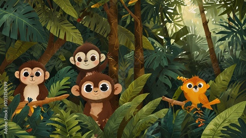 Charming Jungle Birds and Monkeys