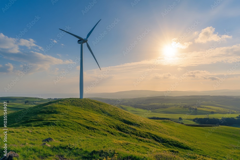 A stunning wind turbine stands tall on a green hill. The sun sets behind rolling hills creating a peaceful scene. Nature and technology in harmony. Generative AI A stunning wind turbine stands tall on a green hill. The sun sets behind rolling hills creating a peaceful scene. Nature and technology in harmony. Generative AI
