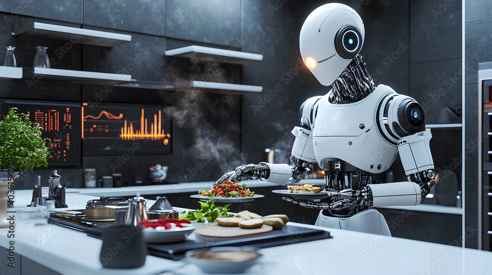 An AIpowered robotic chef preparing a gourmet meal in a futuristic kitchen, symbolizing the culinary applications of AI An AIpowered robotic chef preparing a gourmet meal in a futuristic kitchen, symbolizing the culinary applications of AI