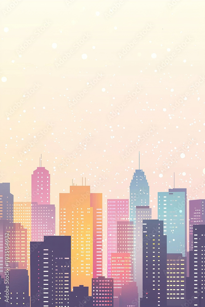 Fototapeta premium Snow falling on pastel city skyline at sunset
