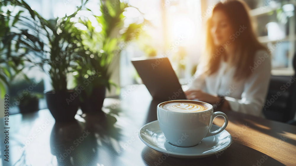 A cup of aromatic coffee stands on table where businesswoman works with laptop in office A cup of aromatic coffee stands on table where businesswoman works with laptop in office