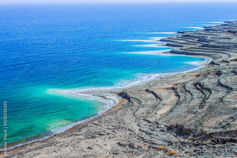 Fototapeta premium travel life style destination terrace sand stone shore line picturesque aerial landscape of Dead sea Jordanian waterfront picturesque view