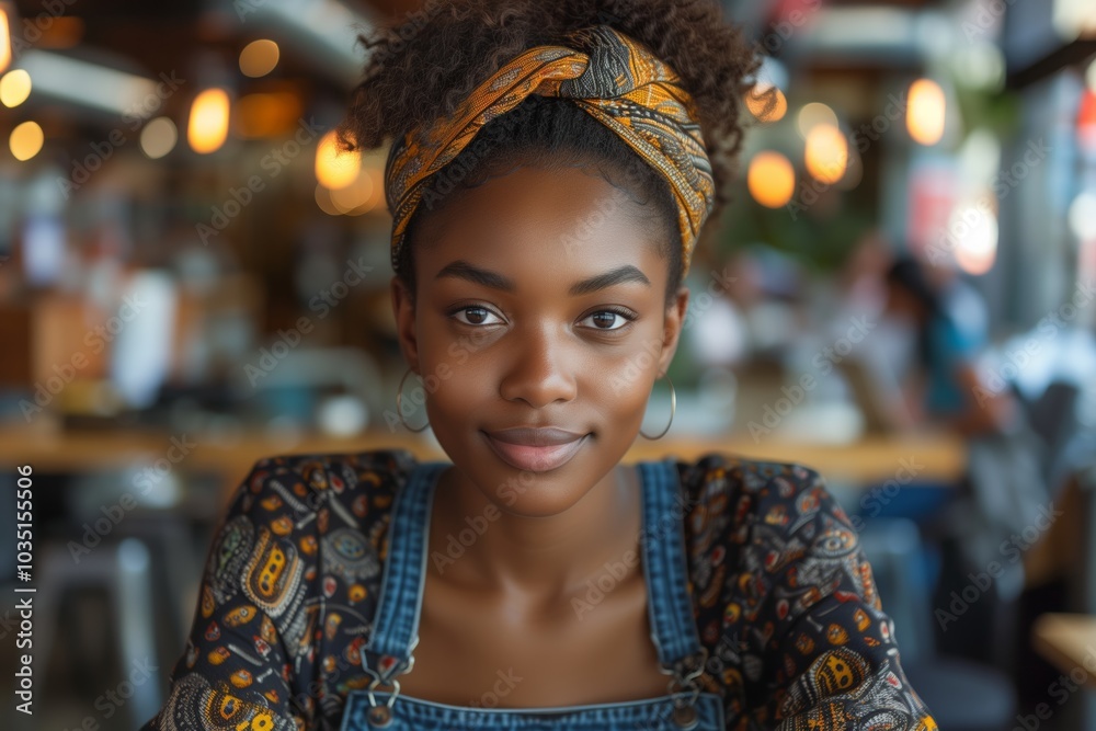 Young African American woman wearing a patterned headscarf, sitting in a cozy café. Smiling warmly, showing a relaxed and casual vibe. Background with blurred people and warm lighting, Young African American woman wearing a patterned headscarf, sitting in a cozy café. Smiling warmly, showing a relaxed and casual vibe. Background with blurred people and warm lighting,