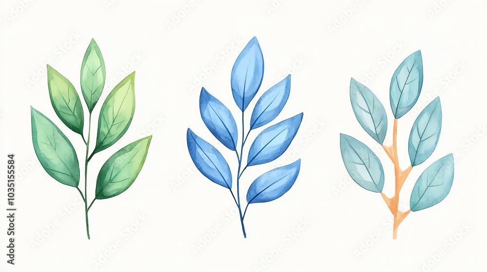 Obraz premium A collection of beautifully illustrated leaves in various shades of green and blue, ideal for nature-themed designs.