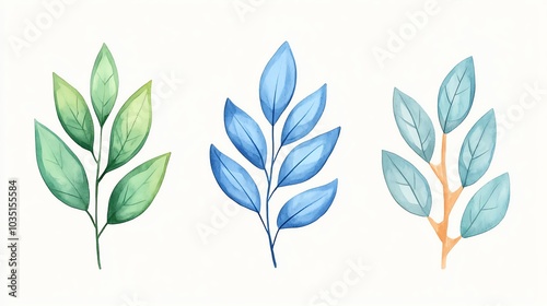 A collection of beautifully illustrated leaves in various shades of green and blue, ideal for nature-themed designs.