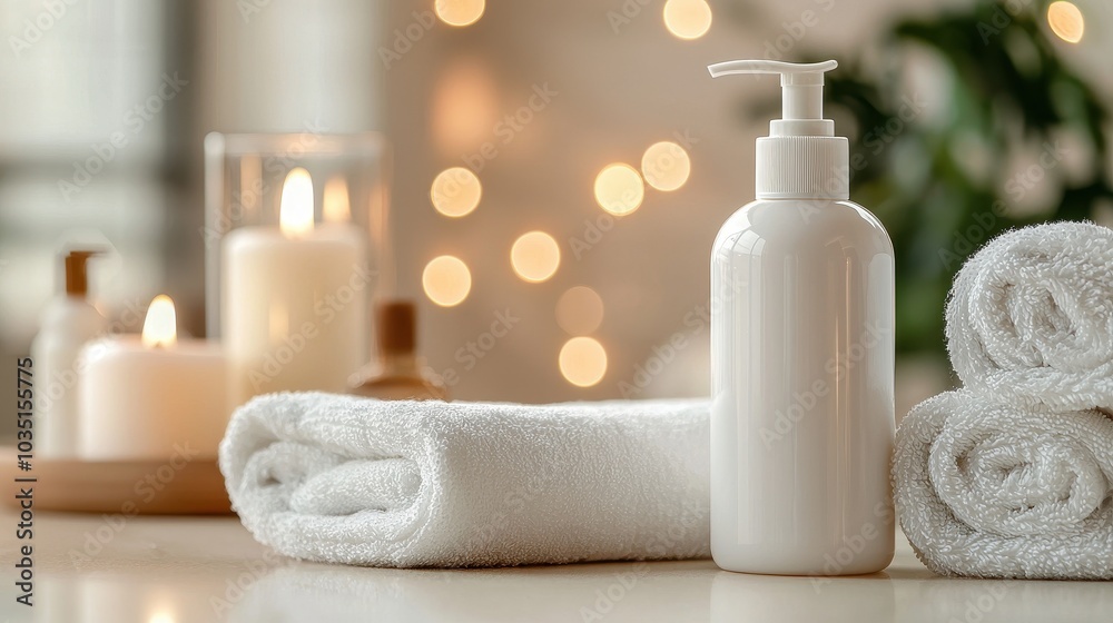 Elegant Spa Setting with Towels and Lotion Bottle Elegant Spa Setting with Towels and Lotion Bottle