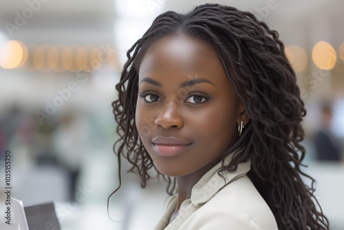 African American businesswoman with long dreadlocks, smiling confidently in a modern corporate office setting. Represents confidence, success, and professionalism, blending natural beauty