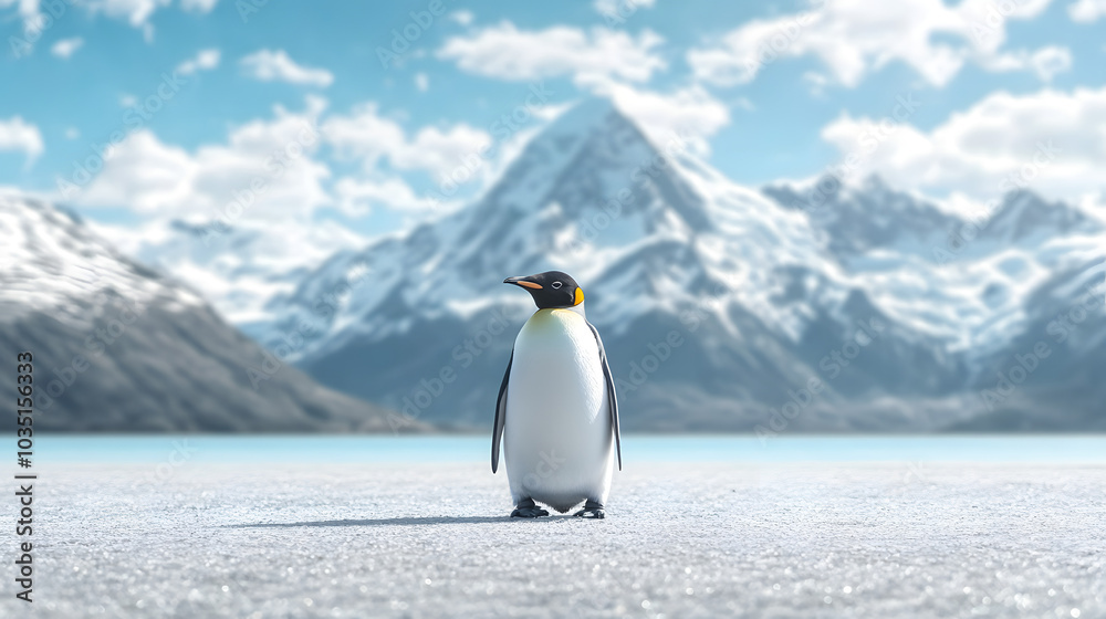 Obraz premium Majestic Penguin Standing on Snow with Mountain Background