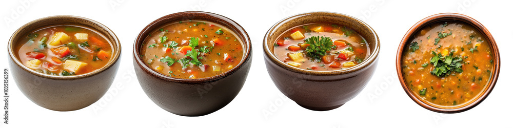 Assortment of Appetizing Homemade Soups in Rustic Bowls Featuring a Variety of Vegetables and Broths Such as Tomato Carrot Onion and Bell Pepper Providing a Nourishing and Delicious Meal Assortment of Appetizing Homemade Soups in Rustic Bowls Featuring a Variety of Vegetables and Broths Such as Tomato Carrot Onion and Bell Pepper Providing a Nourishing and Delicious Meal