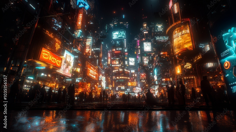 The futuristic cyberpunk style nighttime urban landscape is adorned with neon lights and holographic advertisements. Vibrant and dynamic urban scenes captured through wide-angle lenses The futuristic cyberpunk style nighttime urban landscape is adorned with neon lights and holographic advertisements. Vibrant and dynamic urban scenes captured through wide-angle lenses