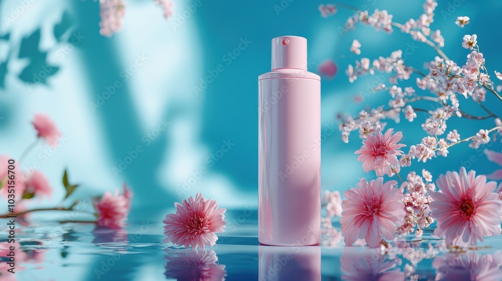 Elegant Pink Bottle with Blossoms Against Blue Background Elegant Pink Bottle with Blossoms Against Blue Background