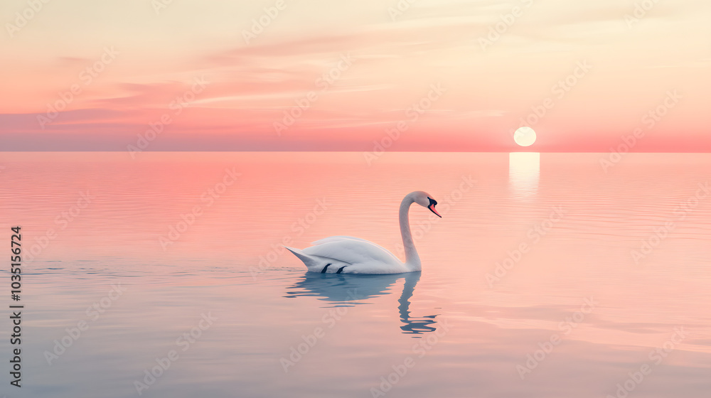 Fototapeta premium Serene Swan Sunset: A Beautiful Water Reflection