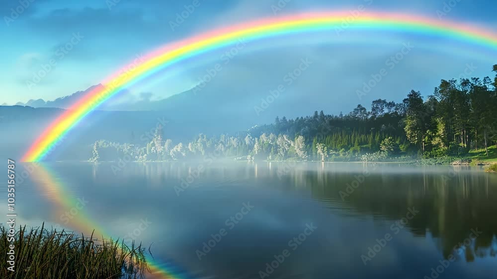 Rainbow over misty morning lake, Video Rainbow over misty morning lake, Video