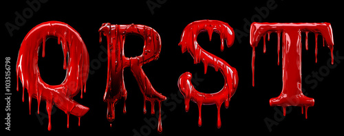 Blood font lettering. Letter Q, R, S, T dripping red liquid text effect for Halloween photo