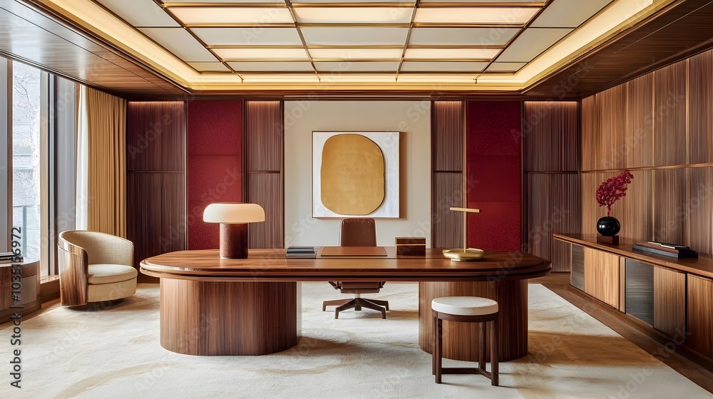 Elegant and Contemporary Home Office Design with a Wooden Desk Sophisticated Lighting and a Cozy Productive Atmosphere Elegant and Contemporary Home Office Design with a Wooden Desk Sophisticated Lighting and a Cozy Productive Atmosphere