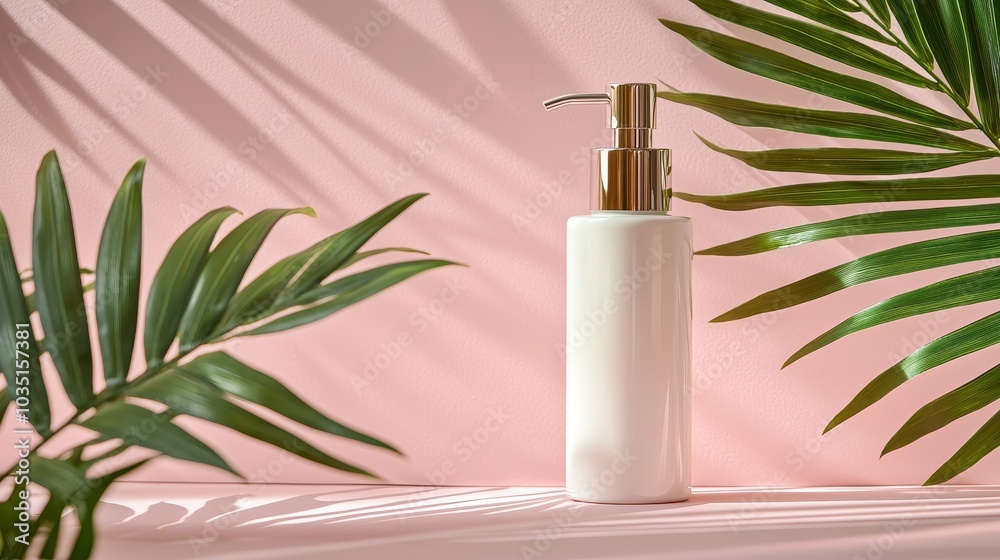 Elegant Bottle in Tropical Setting with Green Leaves Elegant Bottle in Tropical Setting with Green Leaves