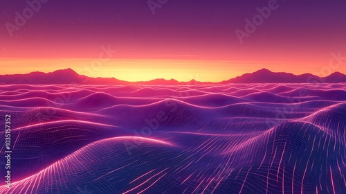 Digital desert landscape with glowing neon grid lines stretching toward the horizon