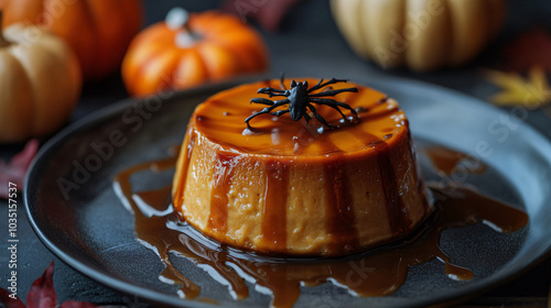 A frightfully good pumpkin flan topped with a spooky caramel drizzle. photo