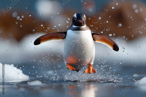 A playful penguin splashes across icy waters in Antarctica during the bright midday sun, showcasing its joyful nature photo