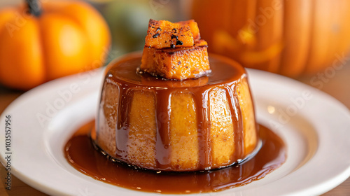 A frightfully good pumpkin flan topped with a spooky caramel drizzle. photo