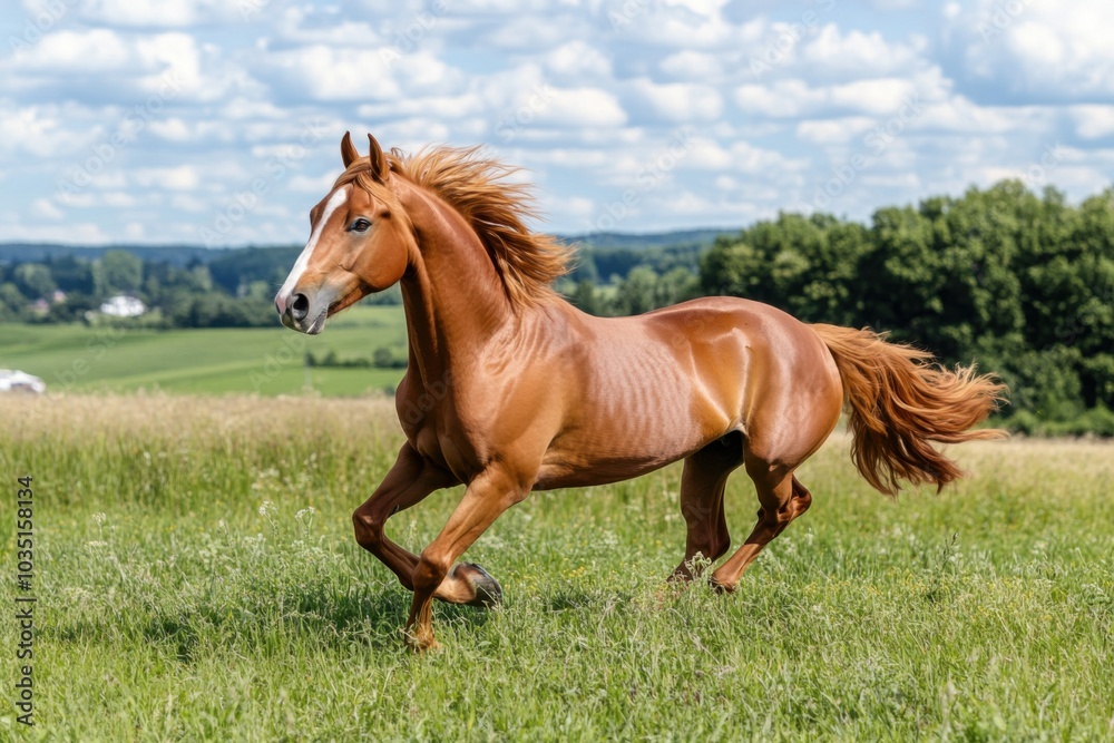 Fototapeta premium Playful chestnut horse galloping joyfully in a lush green pasture under a blue sky