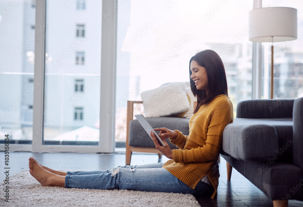 Sofa, happy and woman with tablet on floor for website, registration or digital information on email. Home, relax and female person with tech in living room for ecommerce, network or online shopping Sofa, happy and woman with tablet on floor for website, registration or digital information on email. Home, relax and female person with tech in living room for ecommerce, network or online shopping