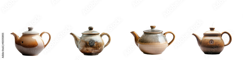 An assortment of beautifully crafted ceramic teapots in a variety of rustic and elegant designs showcasing the of traditional pottery making  These unique