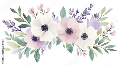 Beautiful watercolor floral arrangement featuring anemones and lavender, perfect for spring decor and design projects.