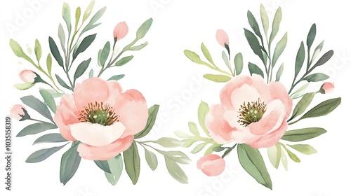 Beautiful watercolor floral arrangement featuring soft pink flowers and lush green leaves, perfect for design projects.