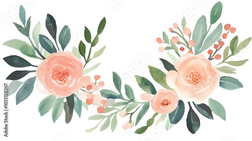 Beautiful watercolor floral arrangement featuring soft pink roses and green leaves, perfect for invitations and decor.