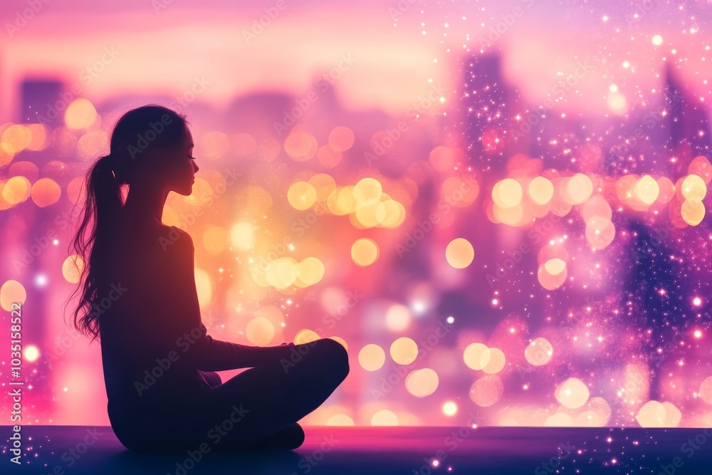 Silhouette of a woman meditating with glowing bokeh city lights in the background symbolizing mindfulness calm and finding peace within the chaos of urban life Silhouette of a woman meditating with glowing bokeh city lights in the background symbolizing mindfulness calm and finding peace within the chaos of urban life