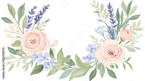 Beautiful watercolor floral arrangement featuring soft pink roses and lavender flowers, perfect for various design projects.