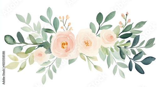 Beautiful watercolor floral arrangement with soft pink roses and green leaves, perfect for various design projects.