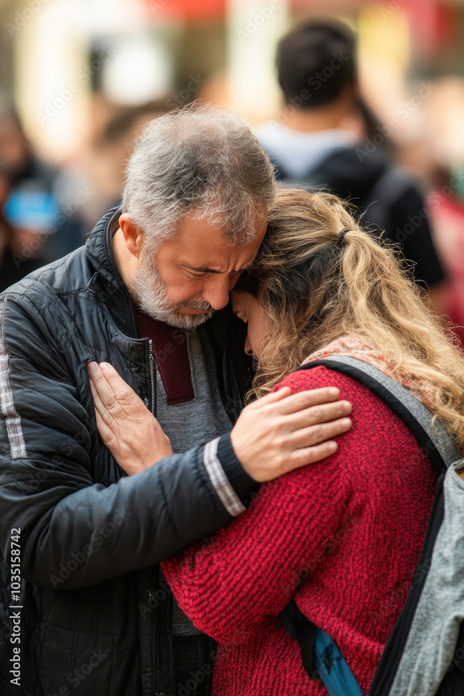 Obraz premium Man comforting a woman by hugging her on the street