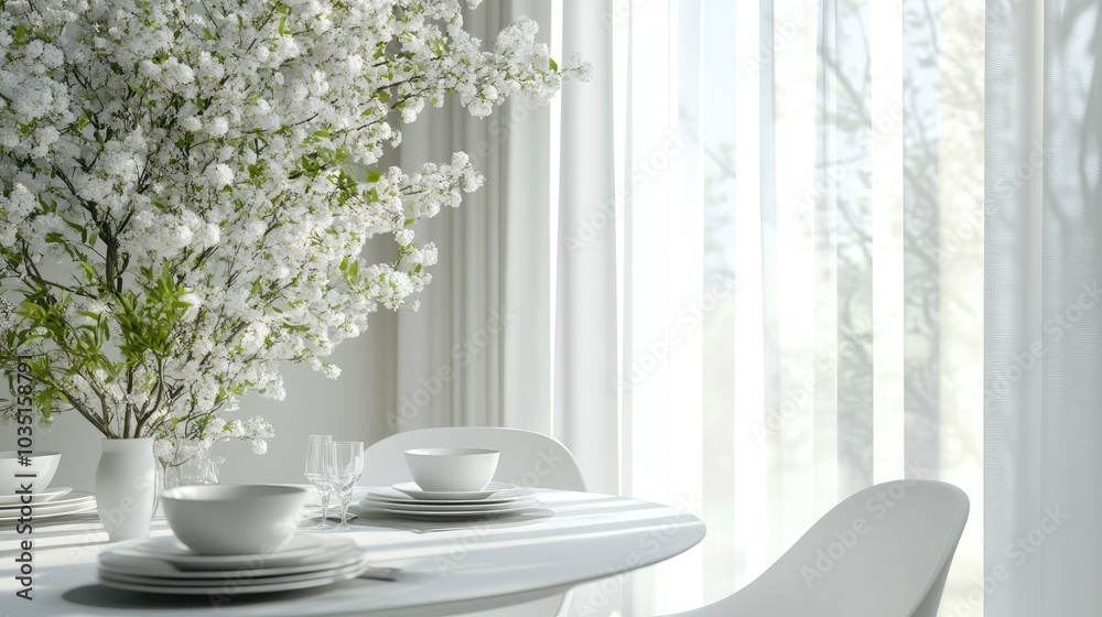 Bright Dining Area with Flowering Tree Decoration Bright Dining Area with Flowering Tree Decoration