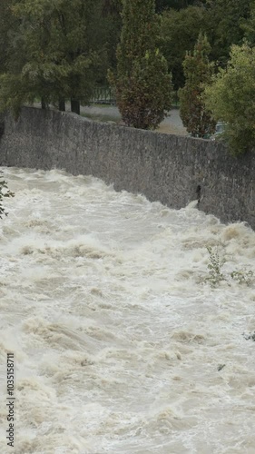 Flood flows after a heavy rainstorm. Power waterfall, Water from the mountain.