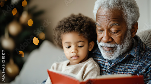 A heartwarming moment of an elderly man reading a book with a young child. The scene captures a sense of love and connection during a cozy indoor setting.