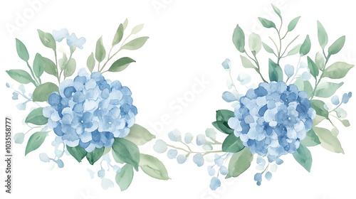 Fototapeta Naklejka Na Ścianę i Meble -  Beautiful watercolor illustration of blue hydrangea flowers with soft green leaves, perfect for decoration and design projects.